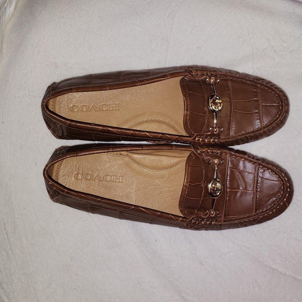 COACH Arlene Croc Embossed Leather Loafer Brown
